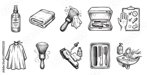 A vintage-style collection of hand-drawn barber shop items including clippers, combs, brushes, towels, a cape, and sink, perfect for design projects.