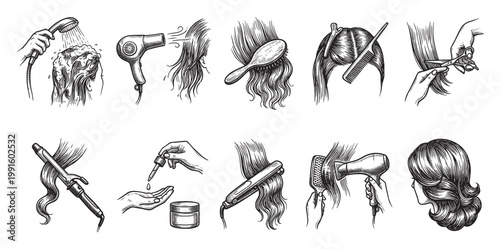 A collection of hand-drawn black and white icons illustrating various hair care and styling procedures like washing, drying, cutting, and styling.