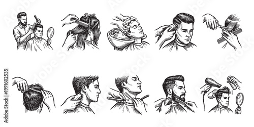 Collection of vintage-style line art illustrations depicting various stages of haircuts and barber services, showcasing tools, styling, and client interactions.