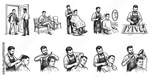 Vintage illustration of a barbershop with various scenes of clients getting haircuts and shaves from a barber using traditional tools.