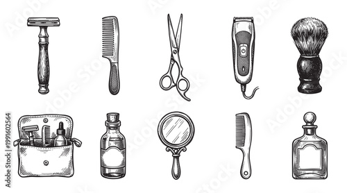 This vintage-style illustration features a collection of grooming essentials including a razor, combs, scissors, clipper, brush, bag, and bottles on a white background.