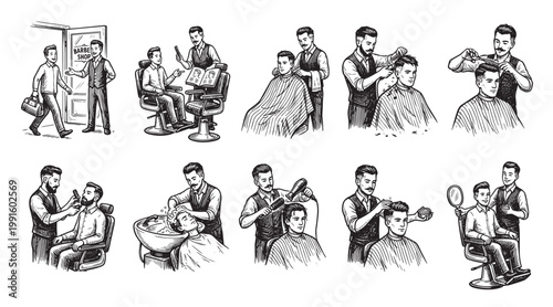 This illustration depicts various scenes of a classic barber shop, showing barbers giving haircuts, shaves, and shampooing clients with a vintage, hand-drawn style.