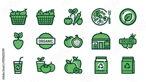 Fresh Organic Delights: An array of vibrant icons, showcasing the essence of farm-fresh, organically grown food, perfect for conveying health and environmental consciousness.