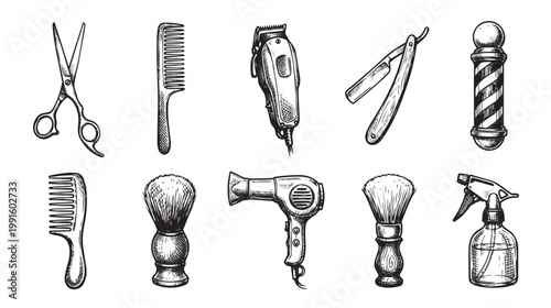 A collection of hand-drawn vintage barber tools including scissors, combs, clippers, razor, barber pole, hairdryer, brush, and spray bottle, perfect for grooming and styling themes.
