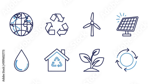 Eco-Friendly World: An array of environmentally conscious icons come together to represent sustainability and eco-friendliness, including a globe, recycling symbol, wind turbine, solar panel.