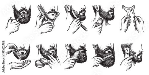 Black and white illustration series shows a man grooming his beard using scissors, comb, razor, trimmer, oil, balm, and shaping tool, depicting a step-by-step process.