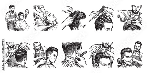 A vintage black and white illustration montage depicts a barber cutting a man's hair through various stages, from shampoo to styling, in a classic barbershop setting.