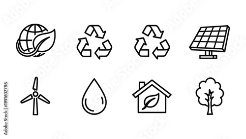 Eco-Friendly Icons: A collection of simple, yet impactful icons representing elements of sustainability and environmental consciousness, inspiring viewers to reflect on ecological principles.