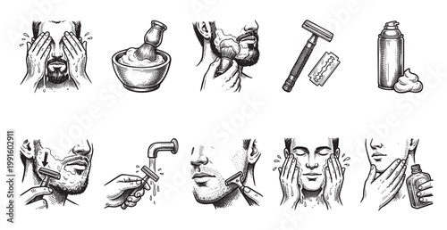 A set of hand-drawn illustrations depicts a man's step-by-step shaving process, from washing his face to applying aftershave, in a classic black and white style.