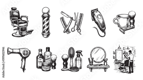 A collection of black and white hand-drawn illustrations depicting various vintage barber shop items and a scene of a barber styling a client's hair.