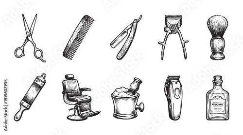A vintage hand-drawn sketch collection of classic barbershop tools including scissors, comb, razor, clippers, brush, chair, and aftershave on a white background.