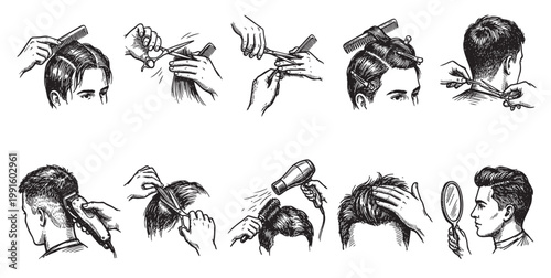 A series of vintage black and white illustrations depicting the various steps involved in giving a man a haircut using combs, scissors, clippers, and a dryer.