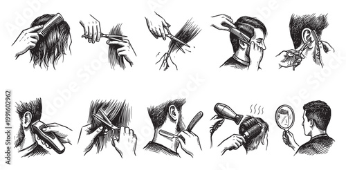 A detailed hand-drawn illustration showing various stages of a haircut, from combing and cutting to blow-drying and checking in a mirror.