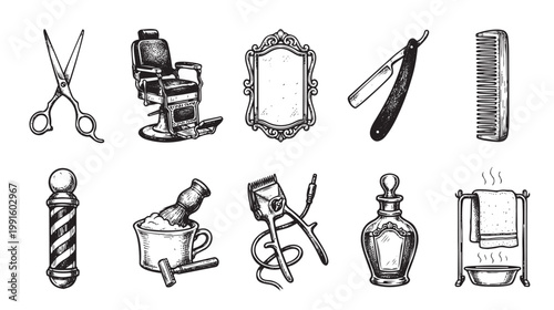 A vintage black and white sketch of essential barber shop equipment, including scissors, chair, mirror, razor, comb, pole, shaving brush, clippers, cologne bottle, and hot towels.