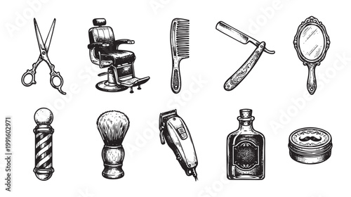 A charming, hand-drawn illustration features a collection of vintage barber shop essentials arranged on a white background, evoking nostalgia and classic style.