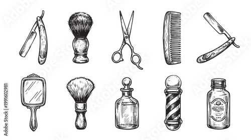 A hand-drawn sketch of various vintage barber shop tools including razors, brushes, scissors, comb, mirror, and bottles set against a white background.