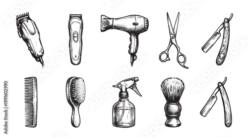 A hand-drawn collection of vintage barber tools including clippers, scissors, razors, a hairdryer, comb, brush, and spray bottle against a white background.