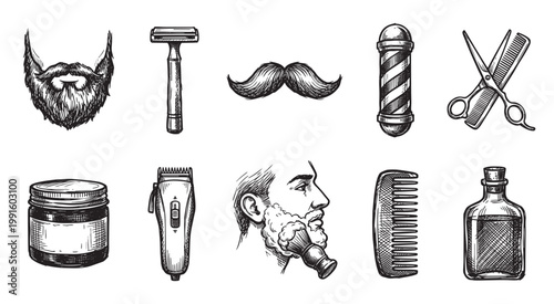 Hand-drawn sketch of various vintage barbershop essentials including a beard, razor, mustache, barber pole, scissors, cream, clipper, brush, comb, and oil bottle.