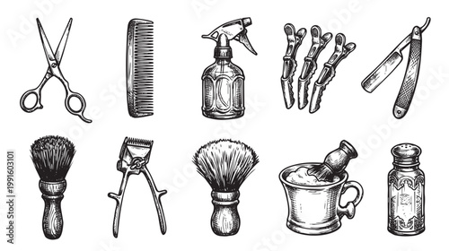 A vintage ink drawing depicts a collection of classic barber tools, including scissors, comb, spray bottle, clips, razor, brushes, and cream.