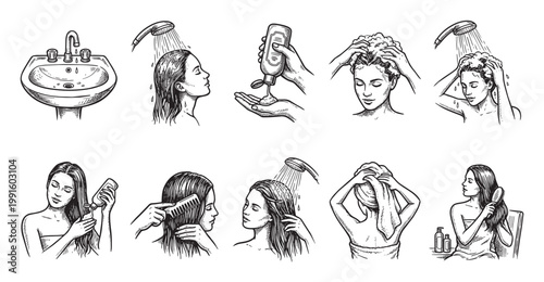 A sequential illustration depicting a woman's hair washing routine from rinsing to drying and brushing, presented in a hand-drawn sketch style.