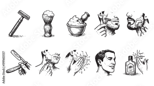This vintage illustration depicts various steps in a man's shaving routine, including tools like razors, shaving brush, cream, and aftershave, rendered in a classic ink sketch style.