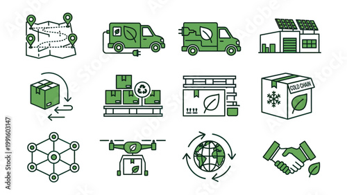 Foto Eco-Friendly Delivery Icon Set: A collection of sustainable and eco-conscious delivery icons, showcasing a range of green solutions for transportation and logistics, promoting a greener future