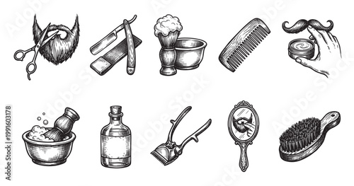 A detailed black and white illustration features various vintage barber shop tools arranged in a grid, evoking a classic and masculine aesthetic.