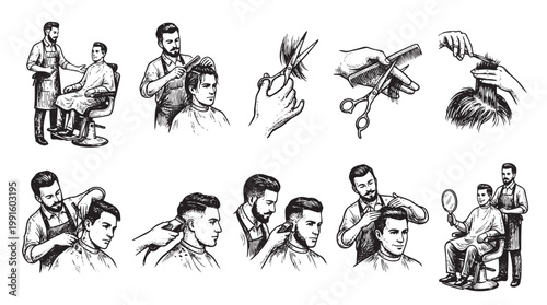 A collection of vintage black and white illustrations depicting barbers cutting men's hair with scissors, clippers, and combs, showcasing grooming services.