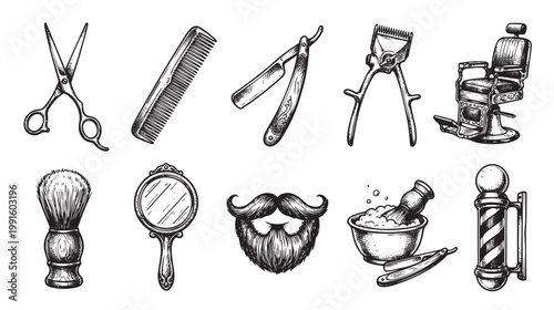 A black and white hand-drawn illustration showcases a collection of vintage barber tools including scissors, comb, razor, clippers, and a barber chair, evoking a classic, masculine aesthetic.