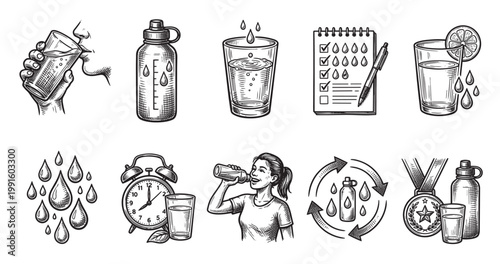 A hand drawn sketch style collection of icons representing healthy water consumption habits including drinking, tracking, and sports.