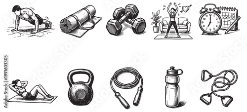 A black and white doodle illustration featuring various fitness activities and equipment, perfect for representing healthy lifestyle and exercise.