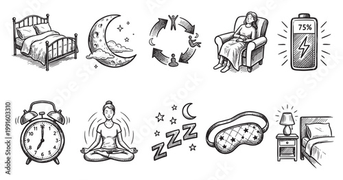 A hand-drawn collection of icons representing sleep, bedtime, and relaxation, including a bed, moon, alarm clock, and person meditating.
