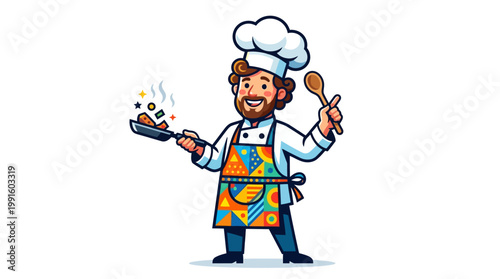 Smiling chef with cooking utensils.