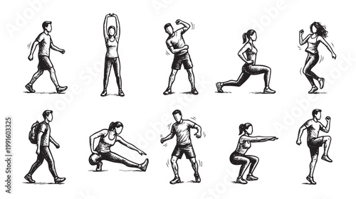 A collection of black and white hand-drawn illustrations depicting various fitness exercises performed by men and women, ideal for health and wellness concepts.