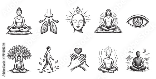 Hand-drawn ink illustrations showcase various mindfulness and meditation themes including yoga poses, breathing, inner peace, and spiritual growth, ideal for wellness and holistic health content.