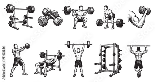 Collection of vintage ink drawings showcasing men engaged in various weightlifting exercises, emphasizing strength and healthy lifestyle.