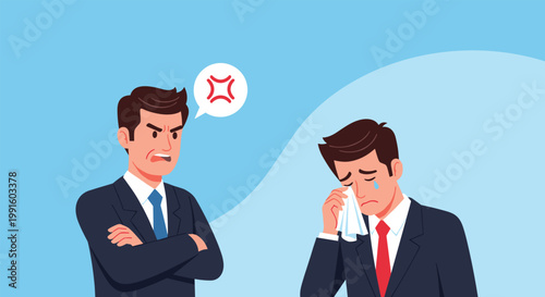 Frustrated businessman yelling at a crying employee who is wiping tears with a handkerchief in a stressful office.