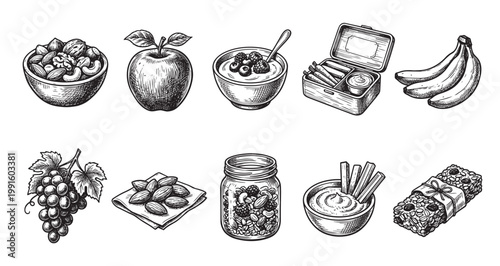 A collection of hand-drawn illustrations featuring healthy food items like nuts, fruits, yogurt, lunchbox, and granola bars on a white background.