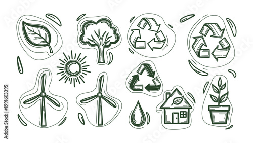 Eco-Friendly Icons: A collection of hand-drawn icons representing the core values of environmental sustainability, showcasing the beauty and significance of eco-conscious living.