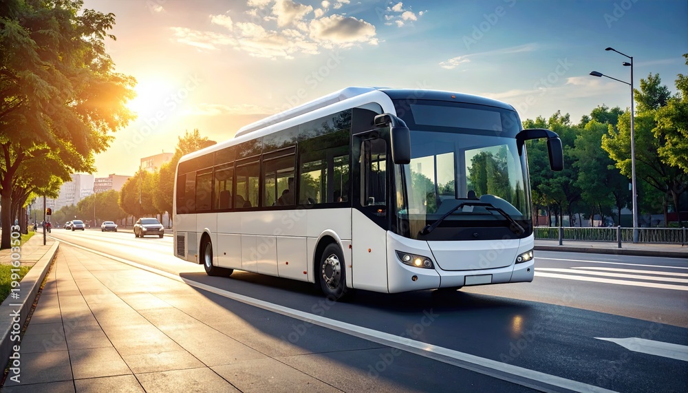 Fototapeta premium Modern bus on road, city scene, sunny day
