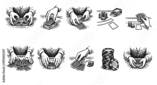 A vintage woodcut style illustration depicts hands shuffling, dealing, and holding playing cards and poker chips on a table, conveying a sense of gambling and strategy.