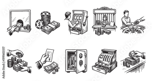 A hand-drawn illustration set depicts various casino and financial activities, including money exchange, slot machines, roulette, safes, and cash registers, in a black and white doodle style.
