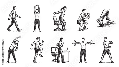 Collection of hand-drawn illustrations depicting various office exercises and stretches, ideal for promoting healthy work habits and active lifestyles.