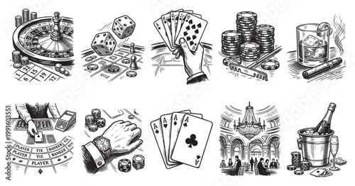 A black and white collection of casino game elements in a woodcut style, including roulette, dice, cards, poker chips, whiskey, and a champagne bucket, ideal for gambling and leisure themes.