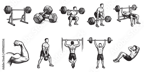 Collection of black and white hand-drawn illustrations depicting various gym exercises including weightlifting, squats, deadlifts, bench press, pull-ups and crunches.