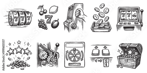 A collection of hand-drawn illustrations featuring gambling and slot machine elements including fruit symbols, lucky sevens, coins, stars, and treasure chests for a retro feel.