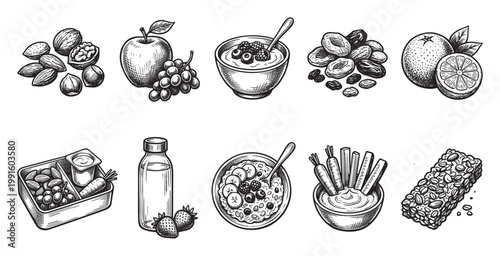 This vintage-style illustration features a collection of healthy, hand-drawn foods like nuts, fruits, oatmeal, and snacks, ideal for dietary and wellness concepts.