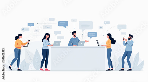Customer Service Desk Support Team Communication Flat Illustration Modern Office.
