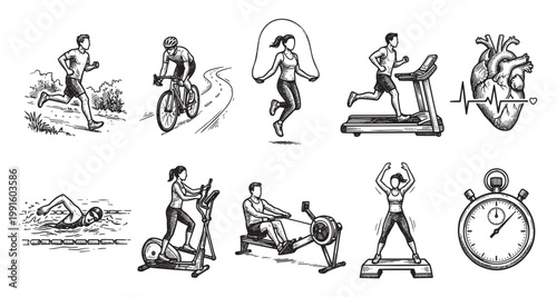 This black and white illustration set features diverse fitness activities like running, cycling, swimming, jump rope, and gym equipment, symbolizing health and a busy lifestyle.