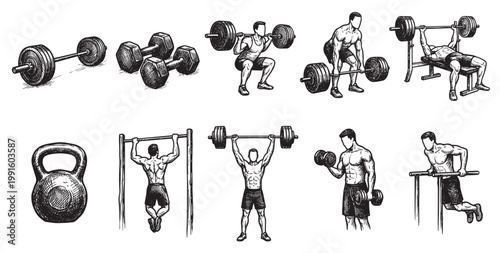 A hand-drawn illustration showcasing various weightlifting exercises and equipment including barbells, dumbbells, kettlebells, and bodyweight movements.